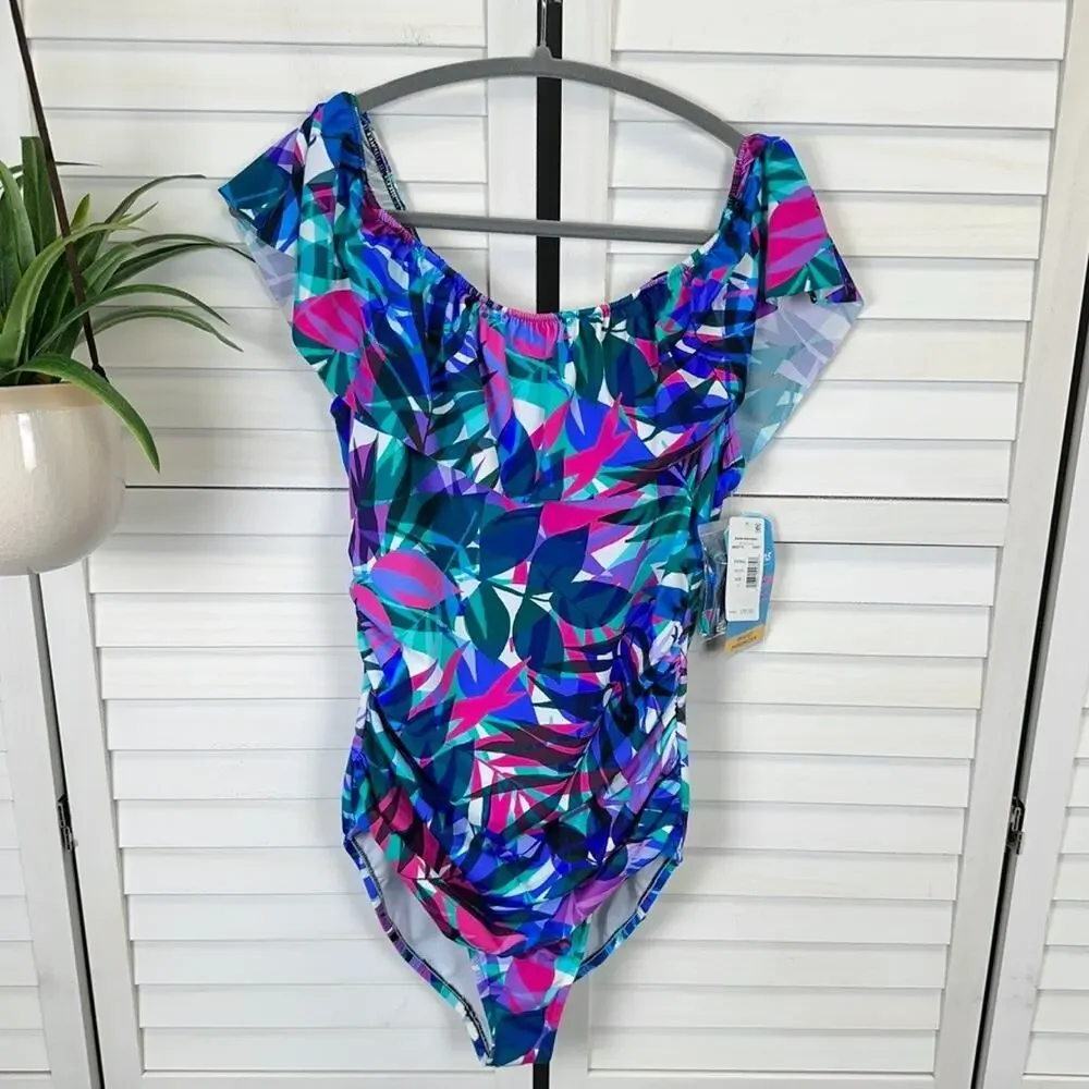New Swim Solutions Off Shoulder Swimsuit Tropical Multi Slimming Size 14 - Picture 1 of 11